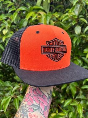 Harley Davidson Classic Bar Shield Snapback Orange Mesh Adjustable Flat Brim